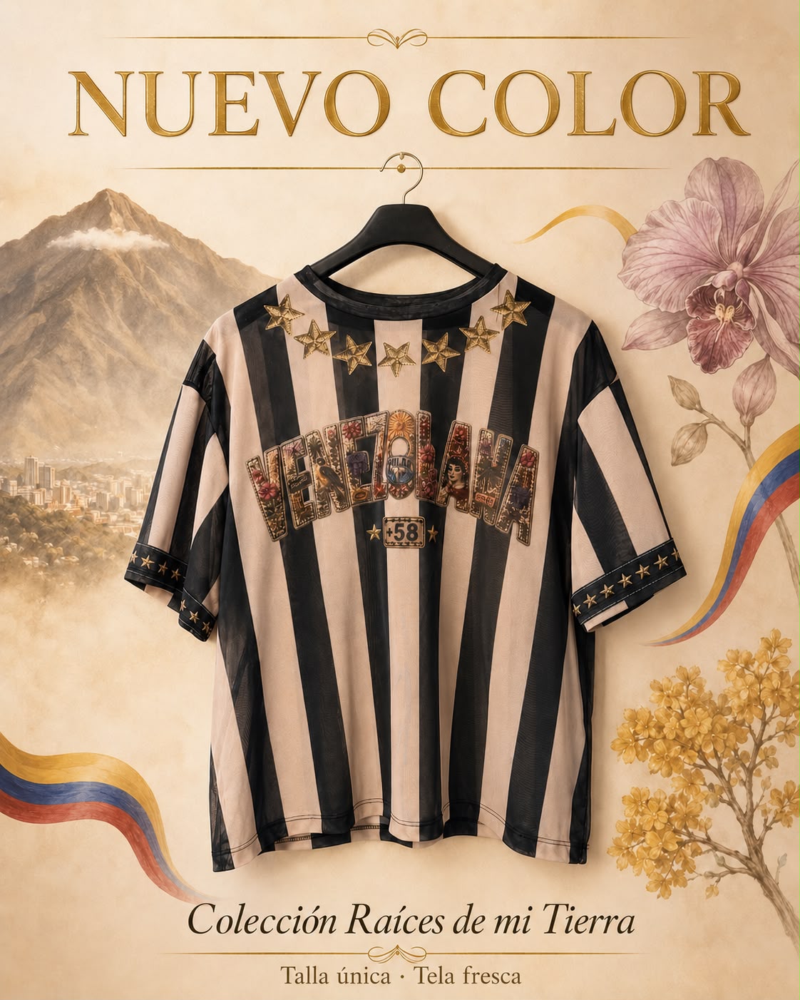 Camisa VZLA Nuevo Color colgada – Colección Raíces de mi Tierra