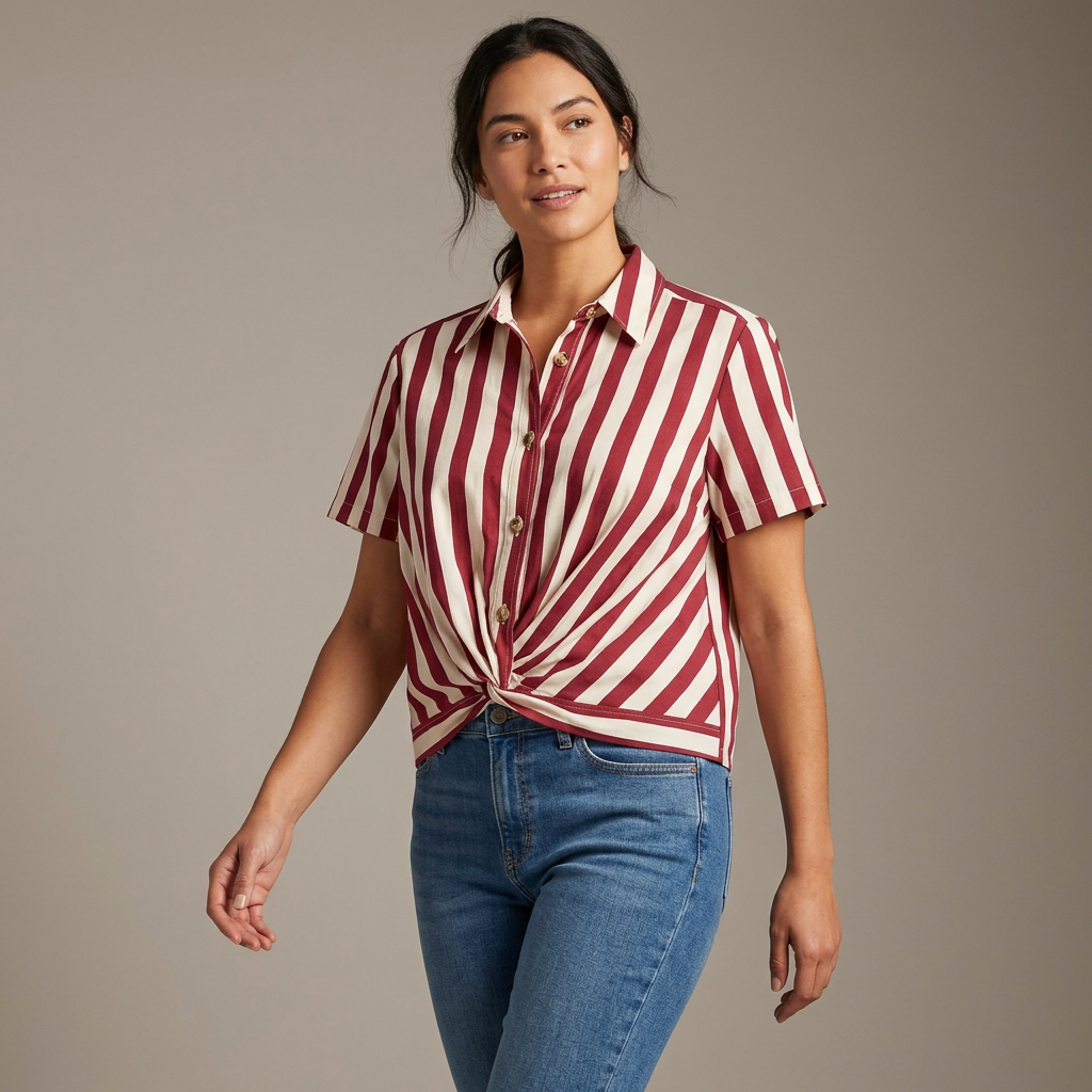 Woman modeling a red striped shirt in a dynamic pose