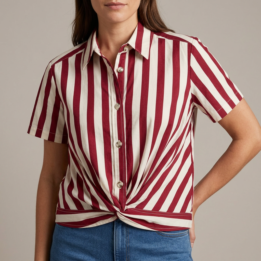 Close-up of the striped shirt collar and gathered front hem