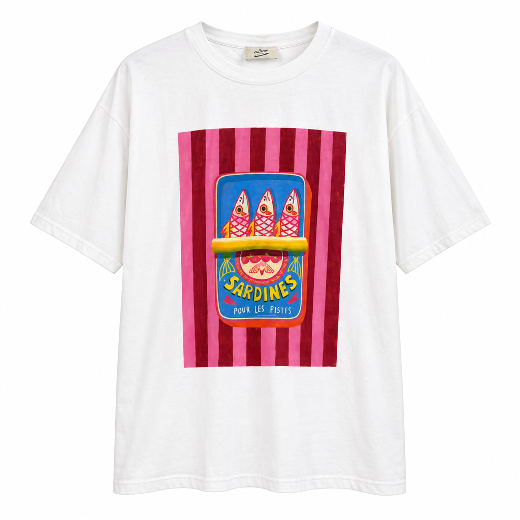 Camiseta blanca Sardines fotografiada de frente sobre fondo blanco