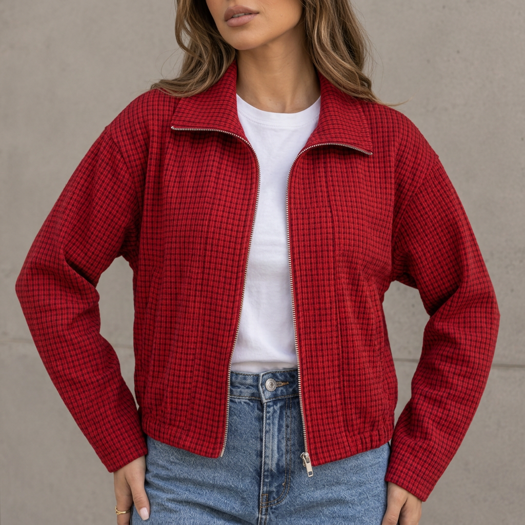 Detail of the red jacket collar and front zipper