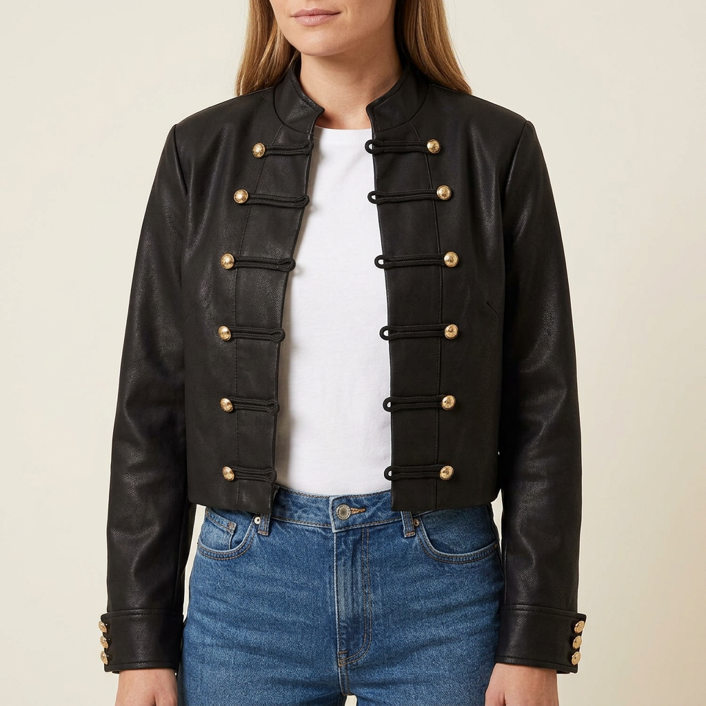 Close-up of black jacket collar and metallic buttons