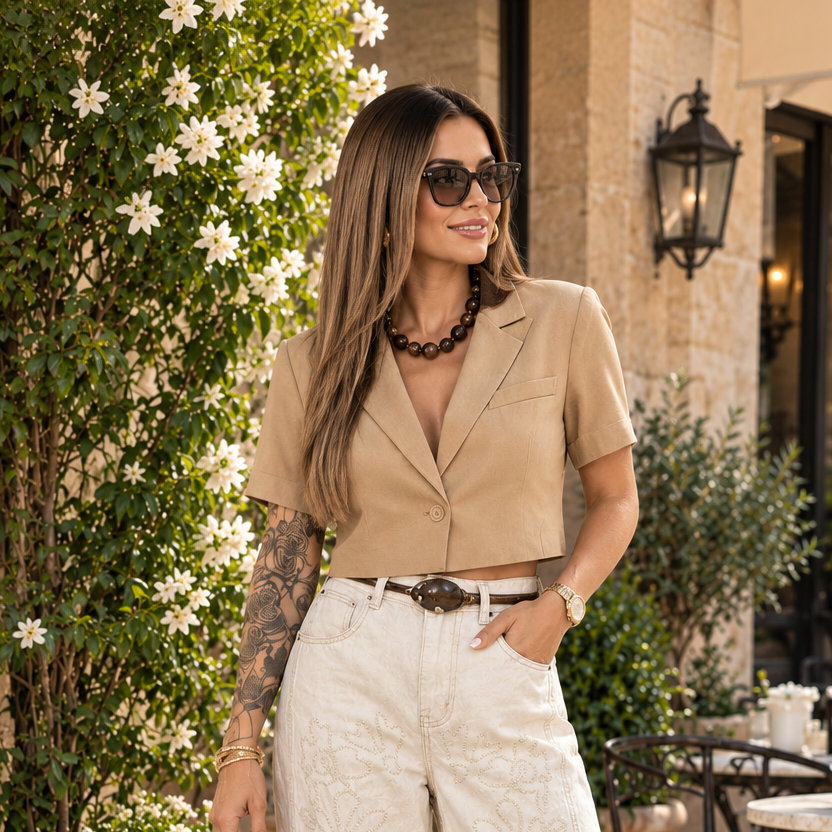 Modelo con jeans claros de pierna ancha y diseño tonal, combinados con chaqueta beige
