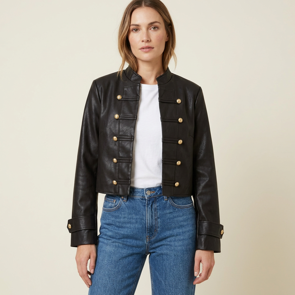 Black jacket styled with a basic white shirt and blue jeans