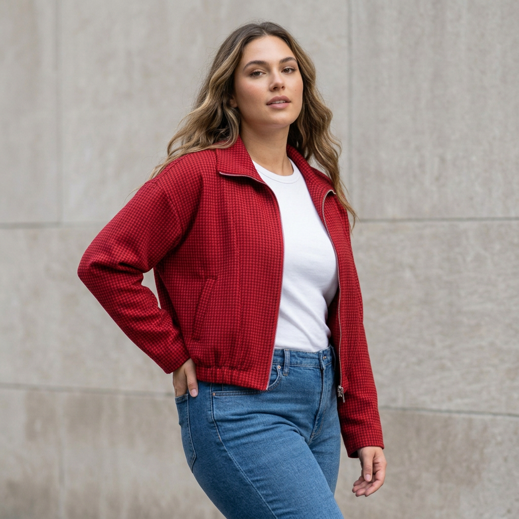 Modelo con chaqueta roja en otra pose