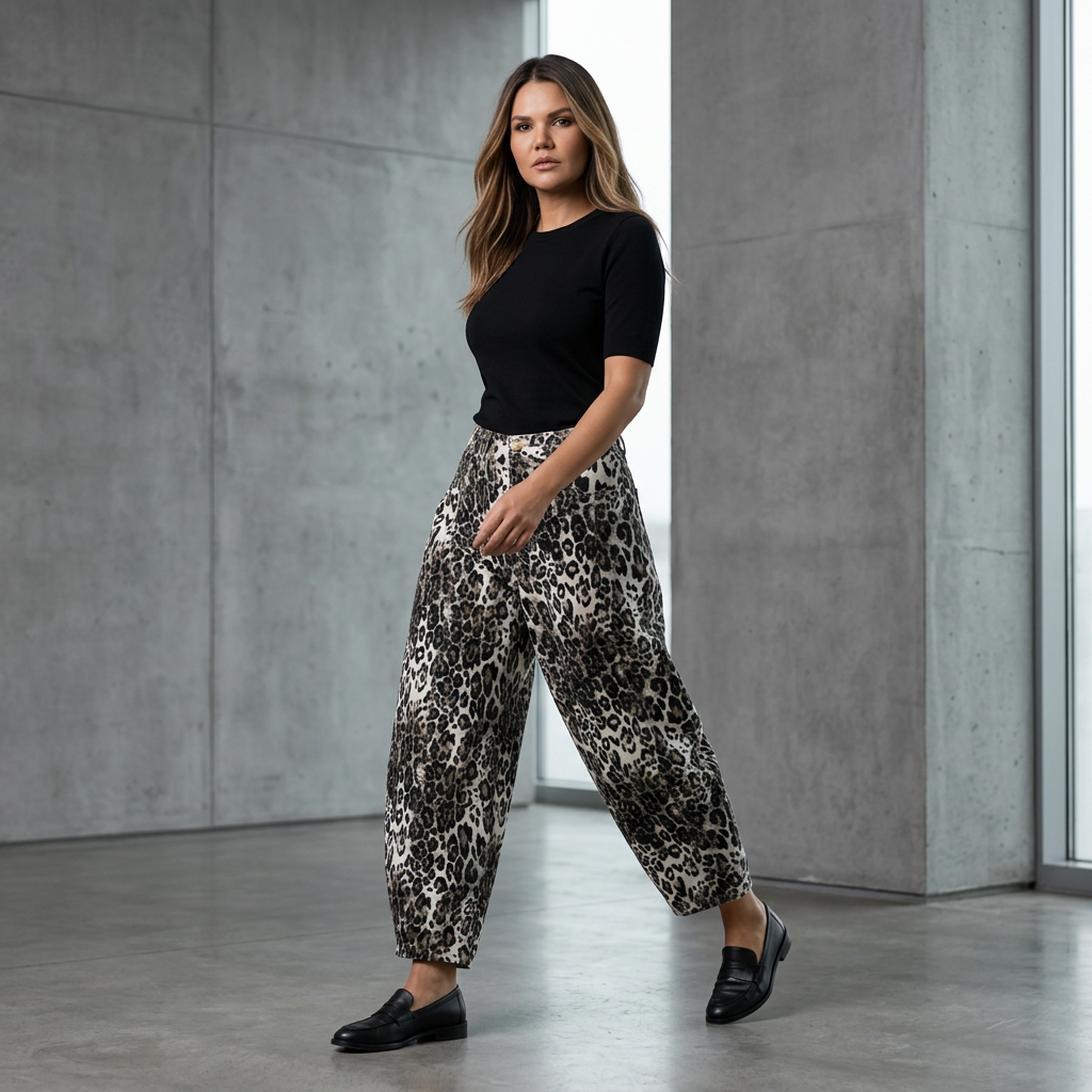 Modelo con rostro de referencia y pantalón animal print