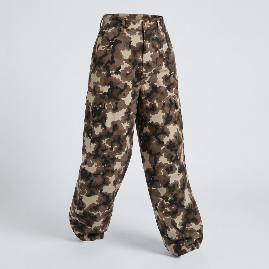 Pantalón camuflado marrón con maniquí invisible caminando